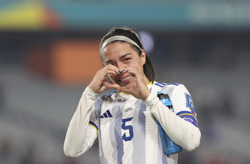 FILE - Philippines' Hali Long reacts after the Women's World Cup Group A soccer match between Norway and the Philippines in Auckland, New Zealand, Sunday, July 30, 2023. The group stage was the source of enormous national pride for Portugal, the Philippines, Vietnam, Panama, Ireland, Haiti, Zambia and Morocco, all newcomers to the highest level of international women's soccer. (AP Photo/Rafaela Pontes,File)