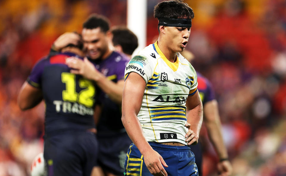 Blaize Talagi looks on during Parramatta's loss to Melbourne. (Photo by Hannah Peters/Getty Images)