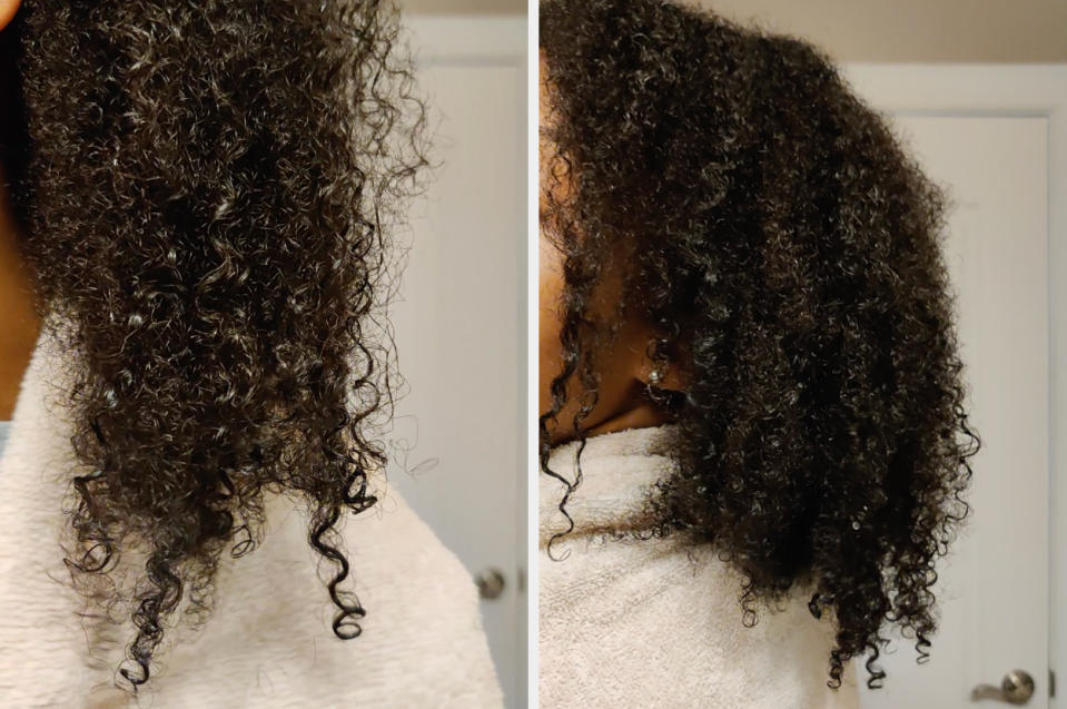 Close-up shots of a person's curly hair, with a few frizzy sections