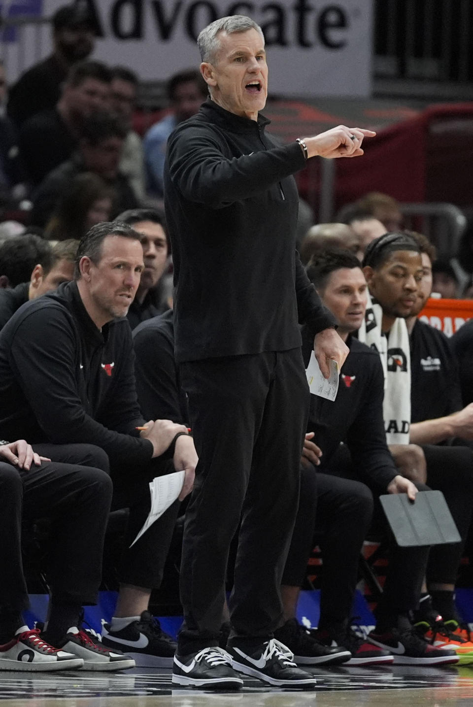 Chicago Bulls head coach Billy Donovan coaches from the sideline during the first half of an NBA basketball game against the Toronto Raptors, Tuesday, Jan. 30, 2024, in Chicago. (AP Photo/Erin Hooley)