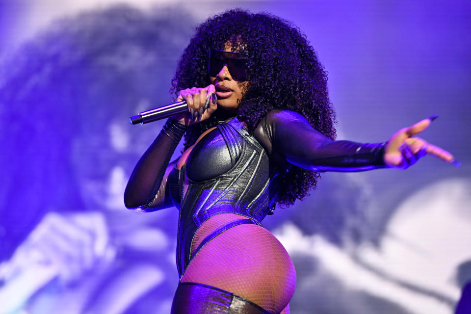 HOUSTON, TEXAS – MARCH 31: Megan Thee Stallion performs onstage during the AT&T Block Party at the NCAA March Madness Music Festival at Discovery Green on March 31, 2023 in Houston, Texas. (Photo by Derek White/Getty Images for Warner Bros. Discovery Sports)