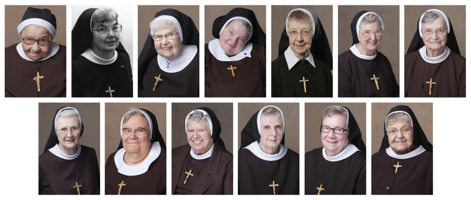 This combination of images provided by Felician Publications in July 2020 shows, from top row left, Sisters Mary Luiza Wawrzyniak, Celine Marie Lesinski, Mary Estelle Printz, Thomas Marie Wadowski, Mary Patricia Pyszynski, Mary Clarence (Adeline) Borkoski and Rose Mary Wolak; from bottom row left, Sisters Mary Janice (Margaret) Zolkowski, Mary Alice Ann Gradowski, Victoria Marie Indyk, Mary Martinez (Virginia) Rozek, Mary Madeleine (Frances) Dolan and Mary Danatha (Danuta) Suchyta. The 13 nuns died from COVID-19 in April and May 2020 at the Felician Sisters convent in Livonia, Mich. (Felician Publications via AP)