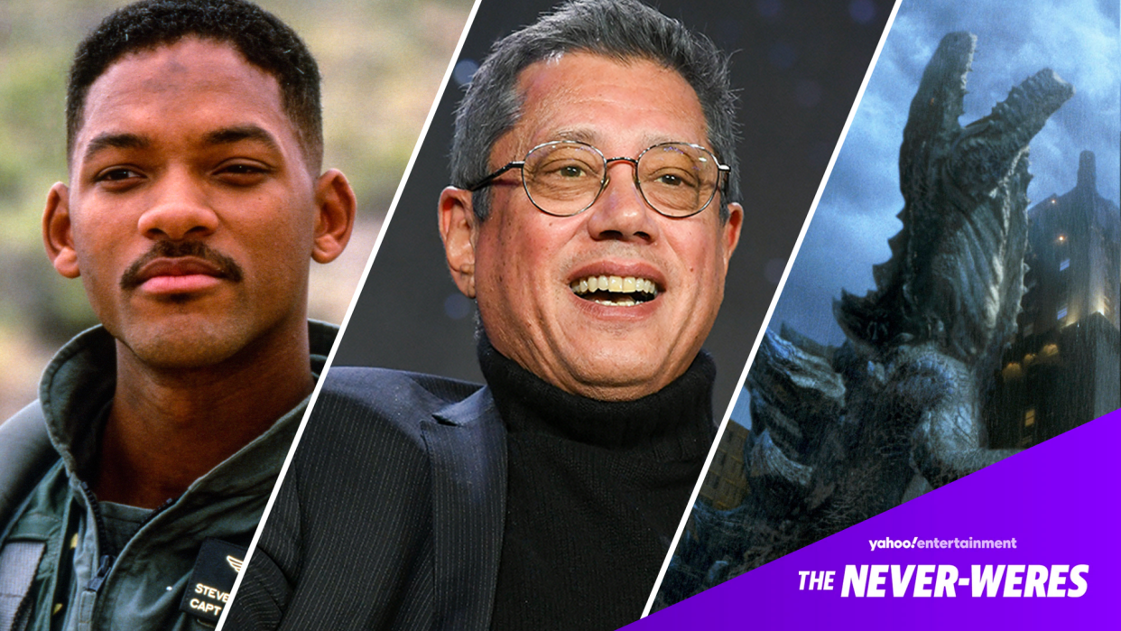 Dean Devlin (center) walks us through his never-made sequels to Independence Day (left), Godzilla (right) and Stargate. (Photos Courtesy Getty Images and Everett Collection)