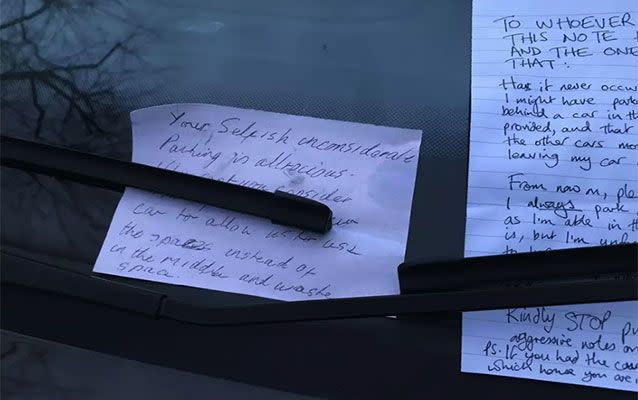 The passive aggressive notes were left on a driver’s windscreen. Source: Reddit