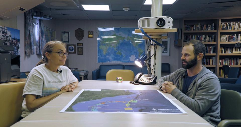 Oceanographer Samantha Joye and deep-sea ecologist Erik Cordes discuss their goals for project Deep Search. (Photo: Erin Henning)