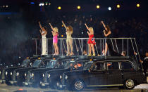 LONDON, ENGLAND - AUGUST 12: Melanie Chisholm, Emma Bunton, Melanie Brown, Geri Halliwell and Victoria Beckham of The Spice Girls perform during the Closing Ceremony on Day 16 of the London 2012 Olympic Games at Olympic Stadium on August 12, 2012 in London, England. (Photo by Mike Hewitt/Getty Images)