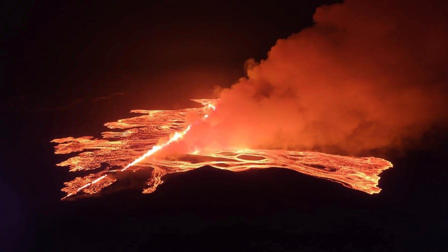 This image from video provided by Iceland Civil Defense shows lava erupting from a volcano between Hagafell and Stóri-Skógfell, Iceland, on on Saturday, March 16, 2024. (Iceland Civil Defense via AP)