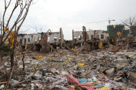 <p>A view of damaged buildings and debris at the site of an explosion in Ningbo, China’s eastern Zhejiang province on Nov. 26, 2017. (Photo: STR/AFP/Getty Images) </p>