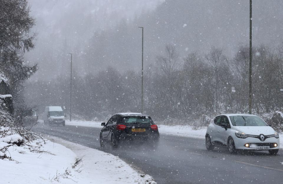 HAFOFYRYNYS, WALES - MARCH 08: A view of traffic travelling along the A472 from Pontypool as welsh motorists negotiate freezing temperatures on March 08, 2023 in Hafodyrynys, Wales. The Met Office has issued a yellow weather warning for spells of snow and icy patches may cause travel disruption during Wednesday into Thursday morning. (Photo by Huw Fairclough/Getty Images)