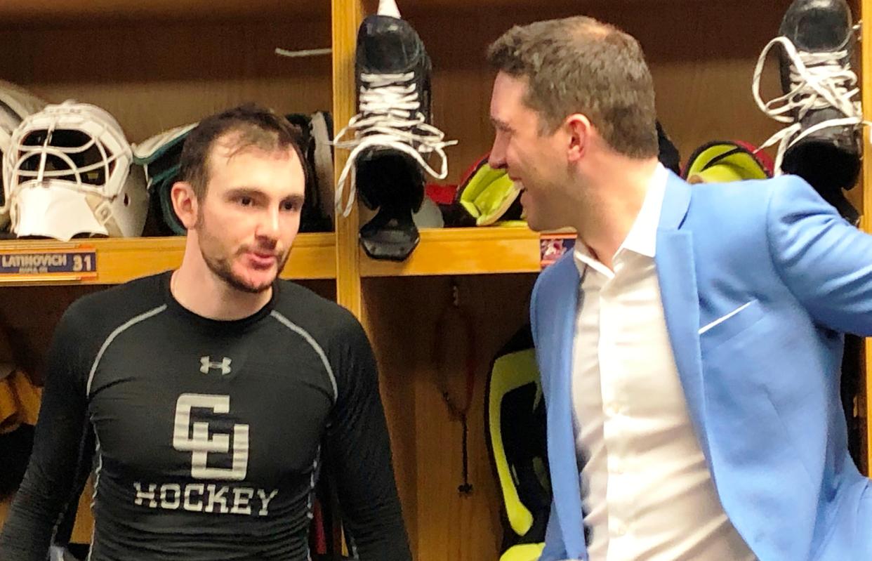 Peoria Rivermen Hall of Fame goaltender Ben Bishop, who played 14 years in the NHL and was in two Stanley Cup Finals, meets Rivermen goaltender Nick Latinovich after a 5-1 win over Birmingham at Carver Arena on Bishop's induction night Saturday, March 2, 2024.