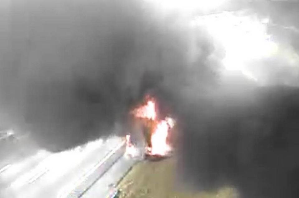 Fire and smoke could be seen coming from a burning vehicle on the interstate near Columbia.