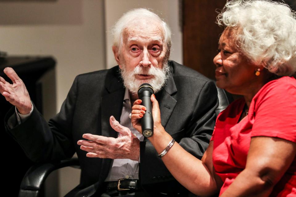 Stax co-founder Jim Stewart speaks while being interviewed by Deanie Parker during a ceremony where Stewart donated his fiddle to the Stax Museum of American Soul Music in Memphis on July 25, 2018.