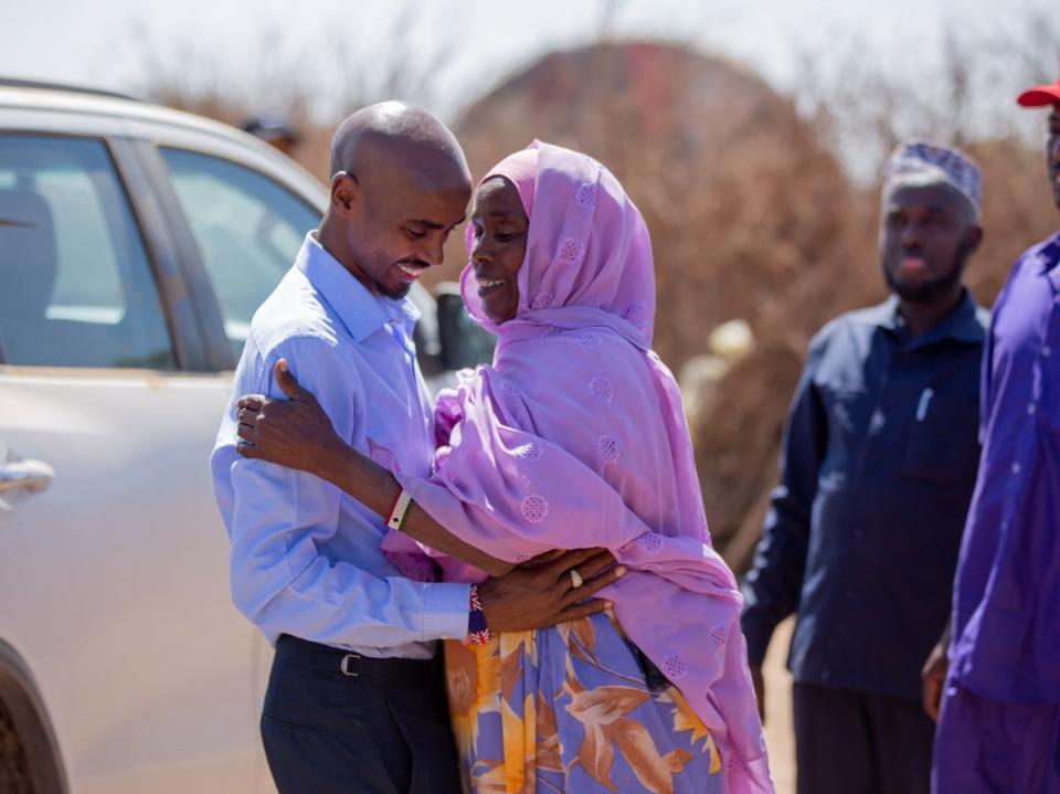 Farah with his mother Aisha during the filming in Somaliland of the BBC documentary (Ahmed Fais/BBC/PA)