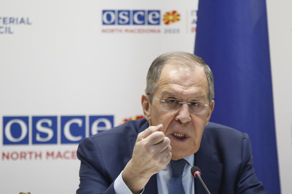 Russia's Foreign Minister Sergey Lavrov talks to the media at his news conference, during the OSCE (Organization for Security and Co-operation in Europe) Ministerial Council meeting, in Skopje, North Macedonia, on Friday, Dec. 1, 2023. (AP Photo/Boris Grdanoski)