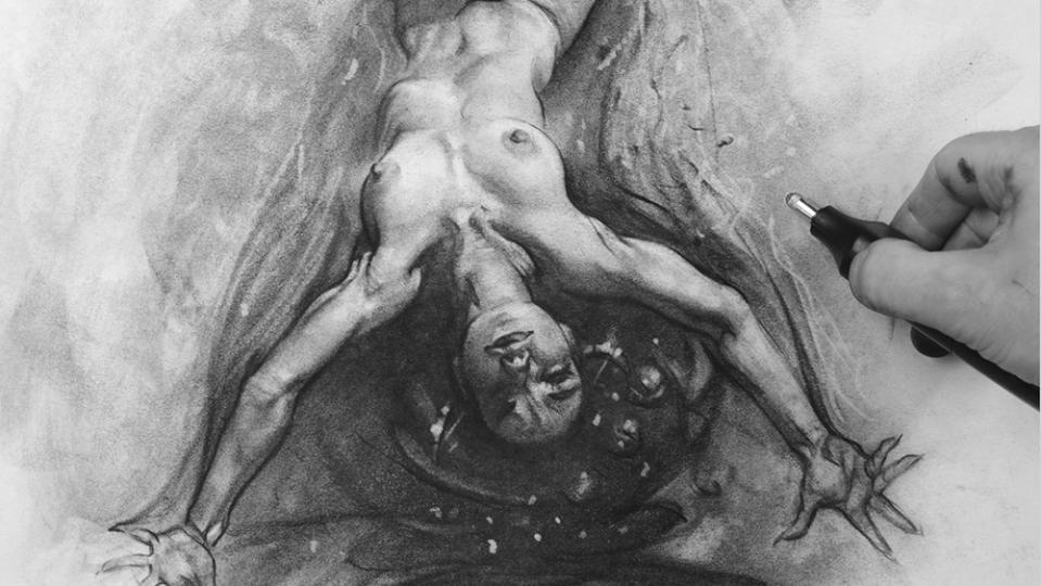 An upside down woman drawn in pencil