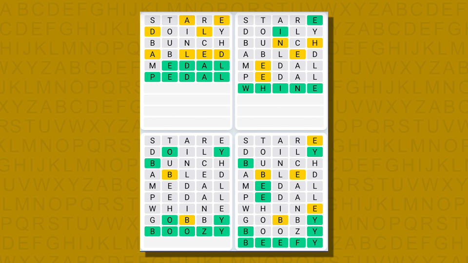 Quordle daily sequence answers for game 810 on a yellow background