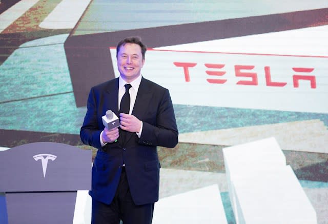 SHANGHAI, Jan. 7, 2020-- Tesla CEO Elon Musk attends an opening ceremony for Tesla China-made Model Y program in Shanghai, east China, Jan. 7, 2020.   U.S. electric carmaker Tesla officially launched its China-made Model Y program in its Shanghai gigafactory Tuesday, one year after the company broke ground on its first overseas plant. The first batch of China-produced Model 3 sedans was also delivered to its non-employee customers at an opening ceremony for the program. (Photo by Ding Ting/Xinhua via Getty) (Xinhua/Ding Ting via Getty Images)