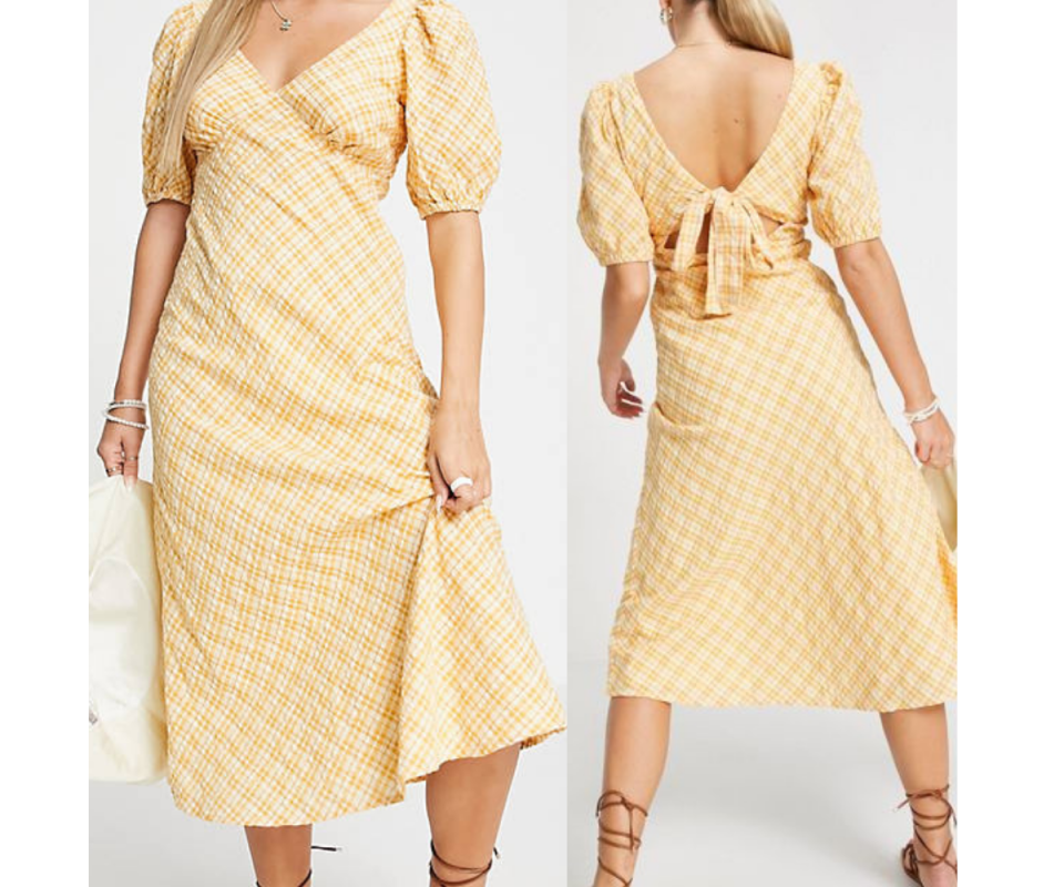 New Look puff sleeve midi tea dress in yellow check - $44.80