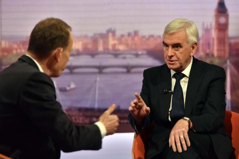 Shadow chancellor John McDonnell was quizzed by host Andrew Marr on Brexit. (PA)