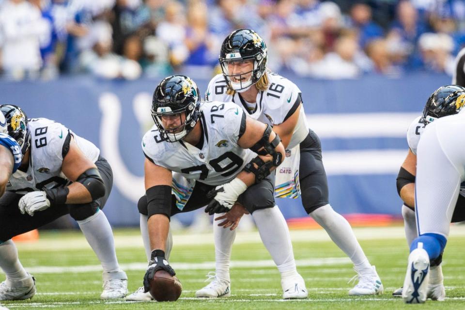 Jaguars quarterback Trevor Lawrence calls for the snap from center Luke Fortner against the Colts on Oct. 16.