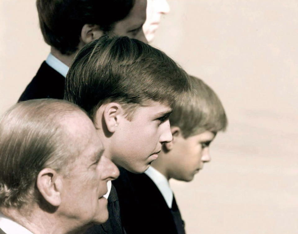 <p>Prince William and Prince Harry had their grandfather by their side as they faced the world at their mother’s funeral in 1997. Photo: Getty Images.</p> 