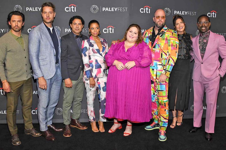 <p>Jon Kopaloff/Getty Images</p> Milo Ventimiglia, Justin Hartley, Jon Huertas, Susan Kelechi Watson, Chrissy Metz, Chris Sullivan, Mandy Moore and Sterling K. Brown attend the 39th Annual PaleyFest LA - "This Is Us" at Dolby Theatre on April 2, 2022 