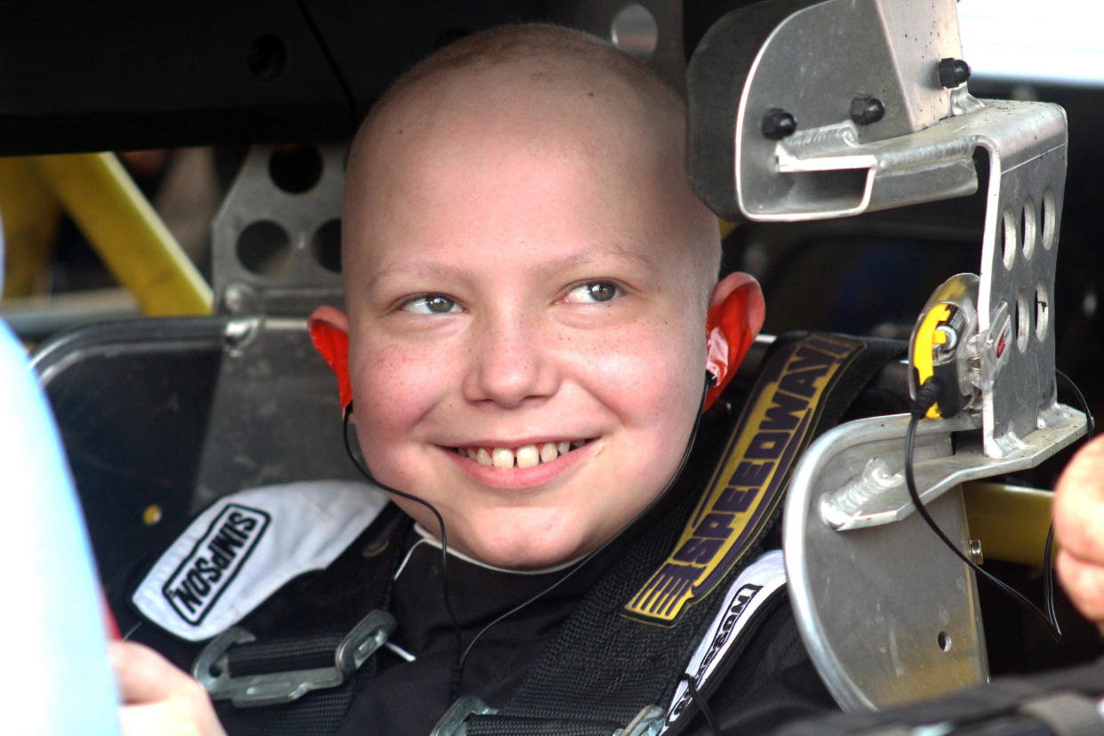 Caleb Hammond is spending his remaining days surrounded by racing and is asking for racing stickers for his casket after ending cancer treatment. (AP)