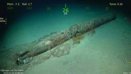 A torpedo is seen in the wreckage of the sunken USS Lexington, a World War Two U.S. Navy aircraft carrier, in this handout image obtained March 6, 2018 courtesy of Paul G. Allen. Mandatory Credit PAUL G. ALLEN/HANDOUT/via REUTERS