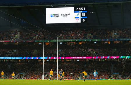 Rugby Union - Australia v Wales - IRB Rugby World Cup 2015 Pool A - Twickenham Stadium, London, England - 10/10/15 General view of Australia's Bernard Foley kicking a penalty Reuters / Eddie Keogh