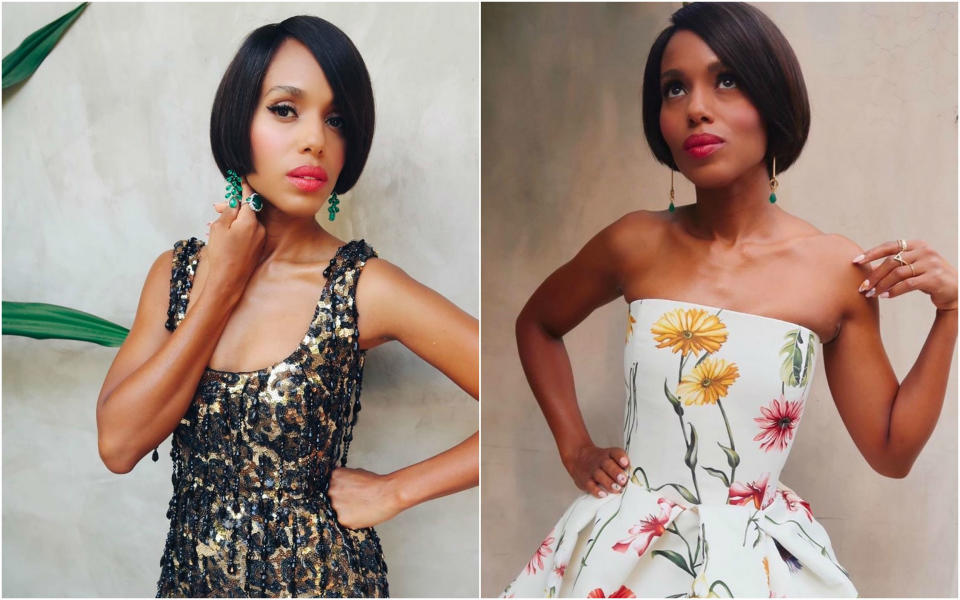 "Llevo un tiempo sin vestirme tan elegante, así que tenía que aprovecharlo", confesó Kerry Washington en Instagram tras ponerse un diseño de Dolce & Gabbana y un Oscar de la Renta con estampado de flores. (Foto: Instagram / <a href="https://www.instagram.com/p/CFYWmx8H4iJ/" rel="nofollow noopener" target="_blank" data-ylk="slk:@kerrywashington;elm:context_link;itc:0;sec:content-canvas" class="link ">@kerrywashington</a>)