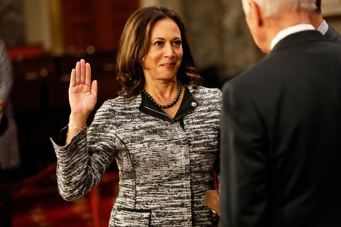 In January 2017, Harris was sworn in to the Senate by Vice President Joe Biden; she's the country's second African-American woman and the first woman of South-Asian descent elected to the Senate. | Aaron P. Bernstein/Getty Images