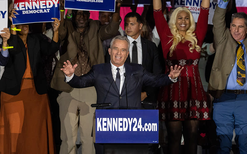 Robert F. Kennedy Jr. officially announces his candidacy for president while a crowd of supporters cheer in the background