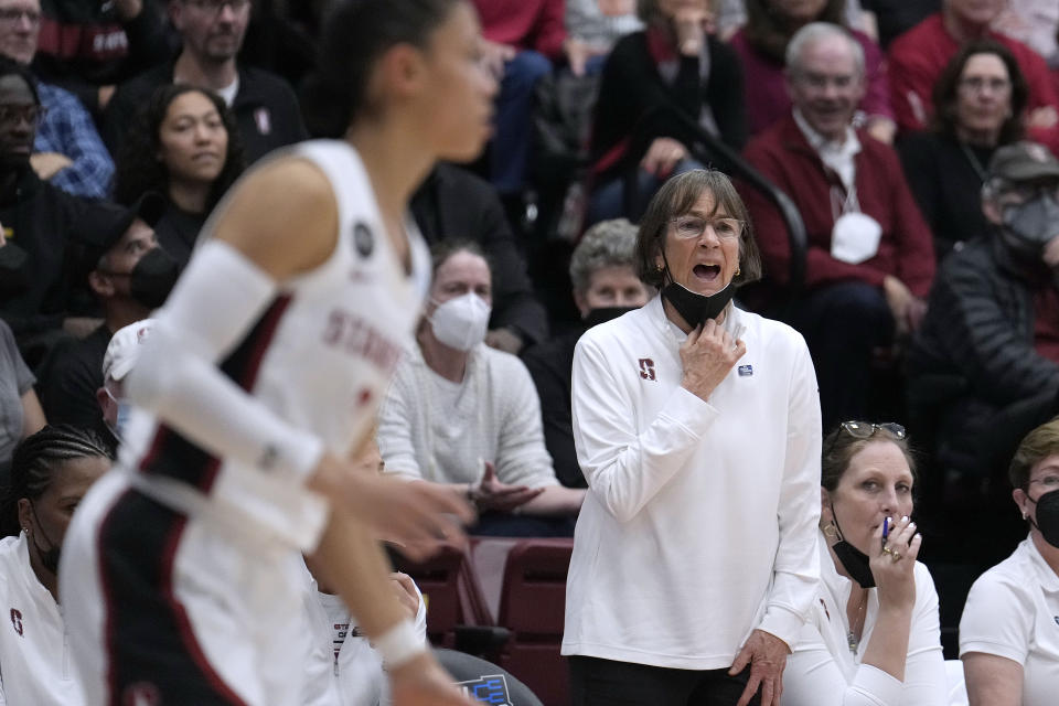 Stanford coach Tara VanDerveer shouts to players during the first half of a first-round game against Montana State in the NCAA women&#39;s college basketball tournament Friday, March 18, 2022, in Stanford, Calif. (AP Photo/Tony Avelar)