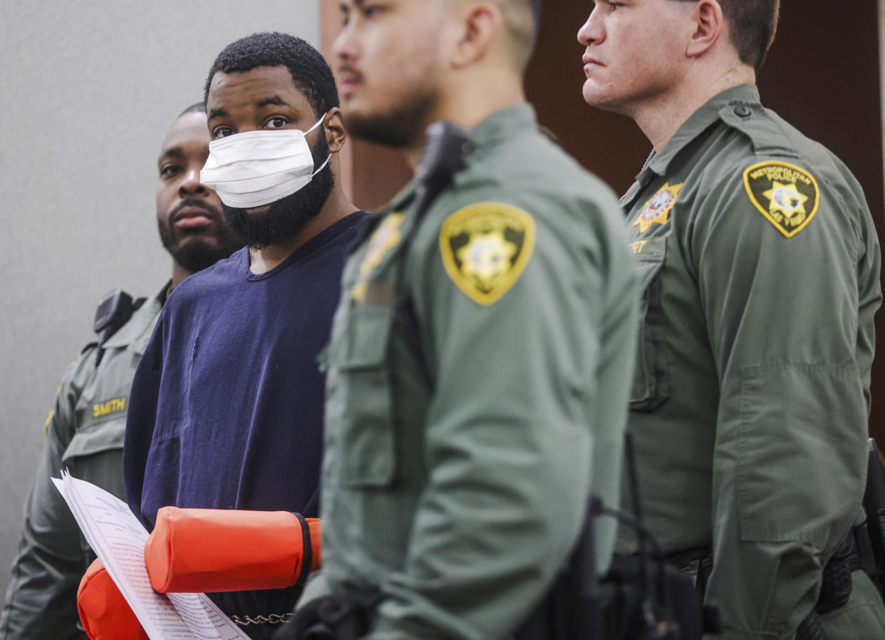 FILE - Deobra Redden, second left, who was caught on camera attacking a Las Vegas judge, appears in court at the Regional Justice Center in Las Vegas, Jan. 9, 2024. (Rachel Aston/Las Vegas Review-Journal via AP, File)