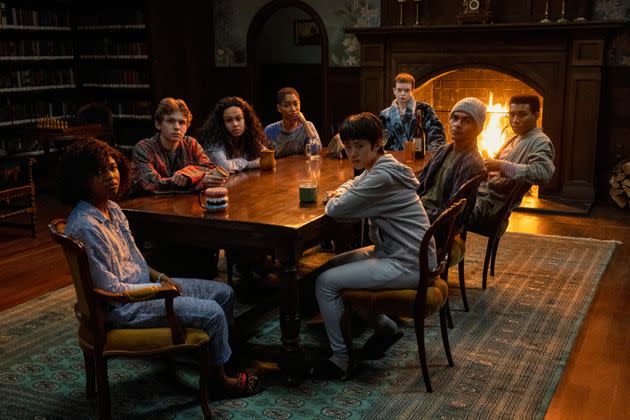 From left to right: Cheri Ian (Adia), Kevin (Igby Rigney), Sandra (Annarah Cymone), Ilonka (Iman Benson), Natsuki (Aya Furukawa), Anya (Ruth Codd), Amesh (Sauriyan Sapkota) and Spencer (William Chris Sumpter) meet for their midnight ritual of telling frightening yet surprisingly soothing stories. (Photo: Eike Schroter/Netflix)