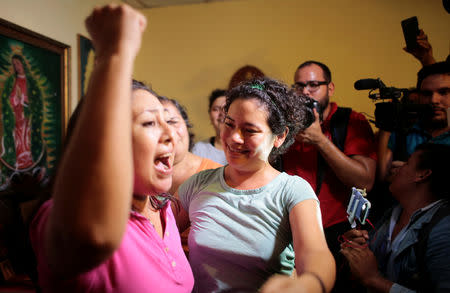 Maria Adilia Peralta, who according to local media was arrested for participating in a protest against Nicaraguan President Daniel Ortega's government, arrives at her house after being released from La Esperanza Prison, in Masaya, Nicaragua May 20, 2019.REUTERS/Oswaldo Rivas