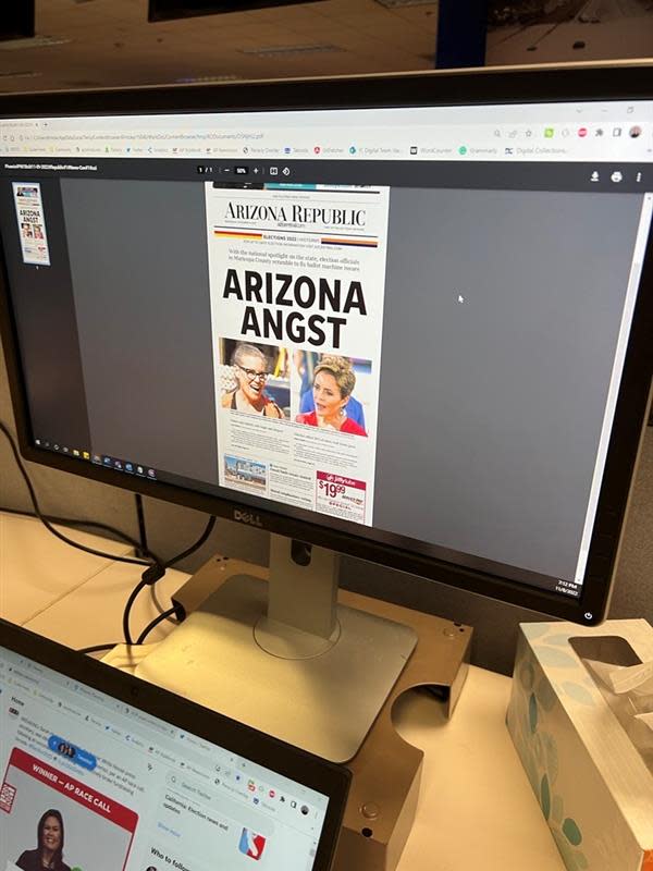 The front page of the Arizona Republic is seen on a computer screen while it is being designed in Phoenix, Ariz.