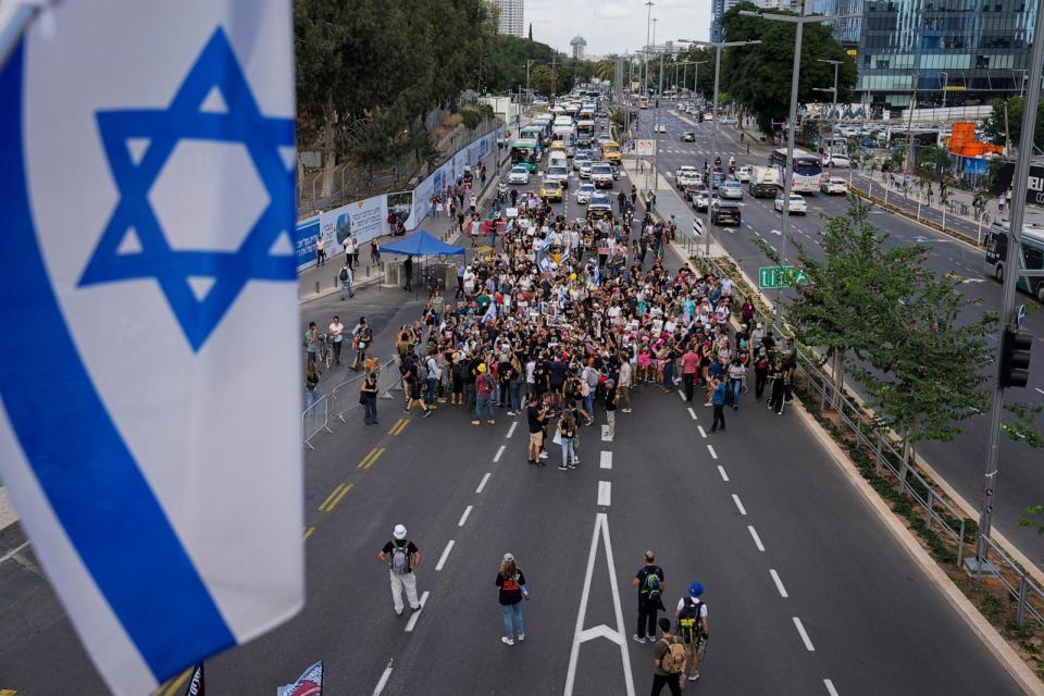 PHOTO: Families and friends of about 240 hostages held by Hamas in Gaza call for their return as they begin a five-day 'March for the Hostages' from Tel Aviv to the Prime Minister's Office in Jerusalem, Nov. 14, 2023. (Ohad Zwigenberg/AP)