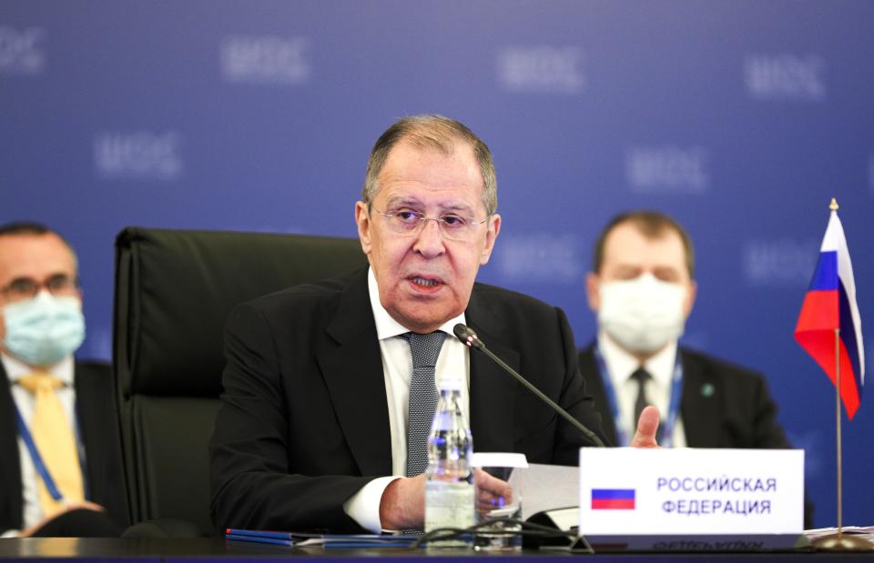 CAPTION CORRECTS DATE In this photo released by the Russian Foreign Ministry Press Service, Russian Foreign Minister Sergey Lavrov, center, speaks at a meeting of Foreign Ministers of Shanghai Cooperation Organisation, Commonwealth of Independent States and Collective Security Treaty Organization Member States in Moscow, Russia, Thursday, Sept. 10, 2020. (Russian Foreign Ministry Press Service via AP)