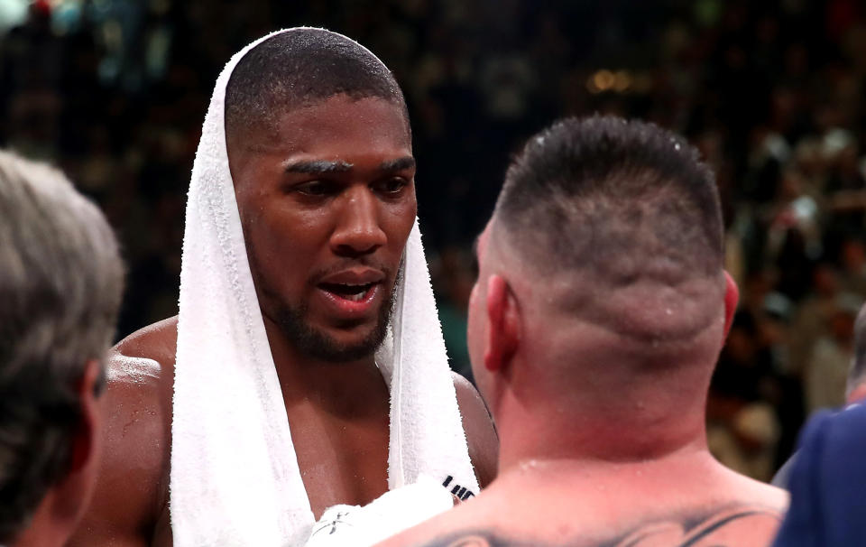 Anthony Joshua (light) and Andy Ruiz Jr after the WBA, IBF, WBO and IBO Heavyweight World Championships title fight at Madison Square Garden, New York.