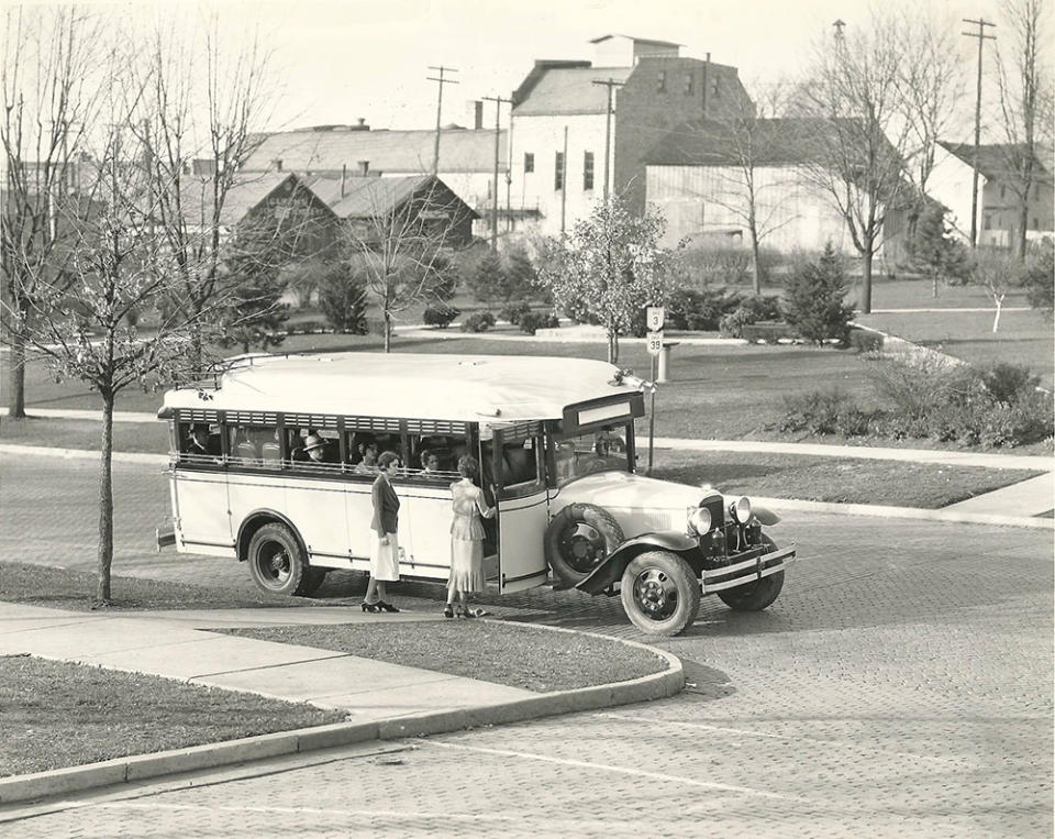 Example of an early Flxible bus, built using a custom body mounted on a lengthened car chassis. Photo courtesy of the CRF Museum / Mohican Historical Society, Loudonville Ohio.