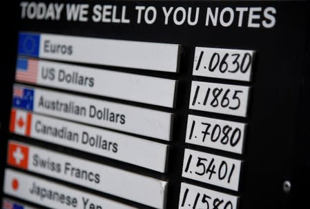 FILE PHOTO: A board displaying buying and selling rates is seen outside of a currency exchange outlet in London