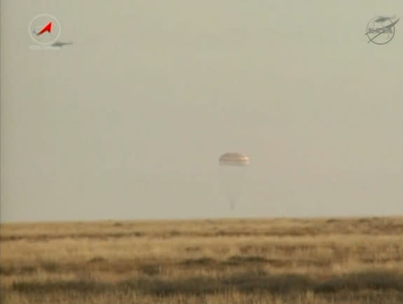 A Soyuz TMA-08M space capsule lands on the steppes of Kazakhstan on Sept. 11, 2013 local time (Sept. 10 EDT). The landing returned NASA astronaut Chris Cassidy and Russian cosmonauts Pavel Vinogradov and Alexander Misurkin to Earth after a fiv