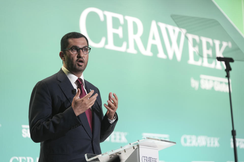 Sultan al-Jaber, CEO of the Abu Dhabi National Oil Co., speaks at Ceraweek on Monday, March 6, 2023, in Houston. Al-Jaber, who will lead international climate talks later this year, told energy industry power players on Monday that the world must cut emissions 7% each year and eliminate all emissions of the greenhouse gas methane. (Courtesy of Ceraweek)
