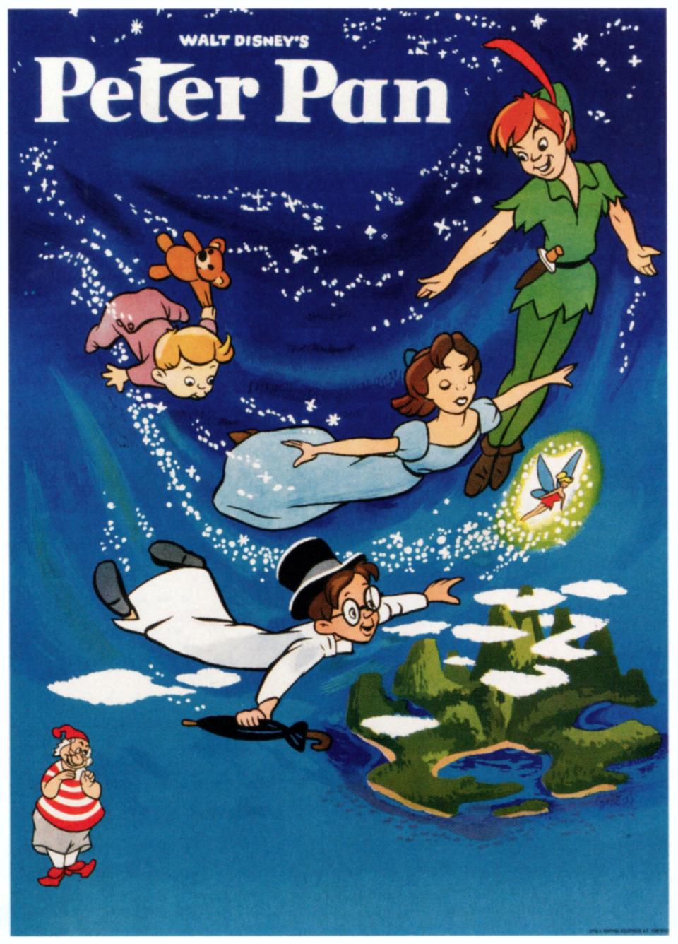 Peter Pan, poster, top from left: Michael Darling, John Darling, Wendy Darling, Tinkerbell, , bottom right: Mr Smee, 1953. (Photo by LMPC via Getty Images)