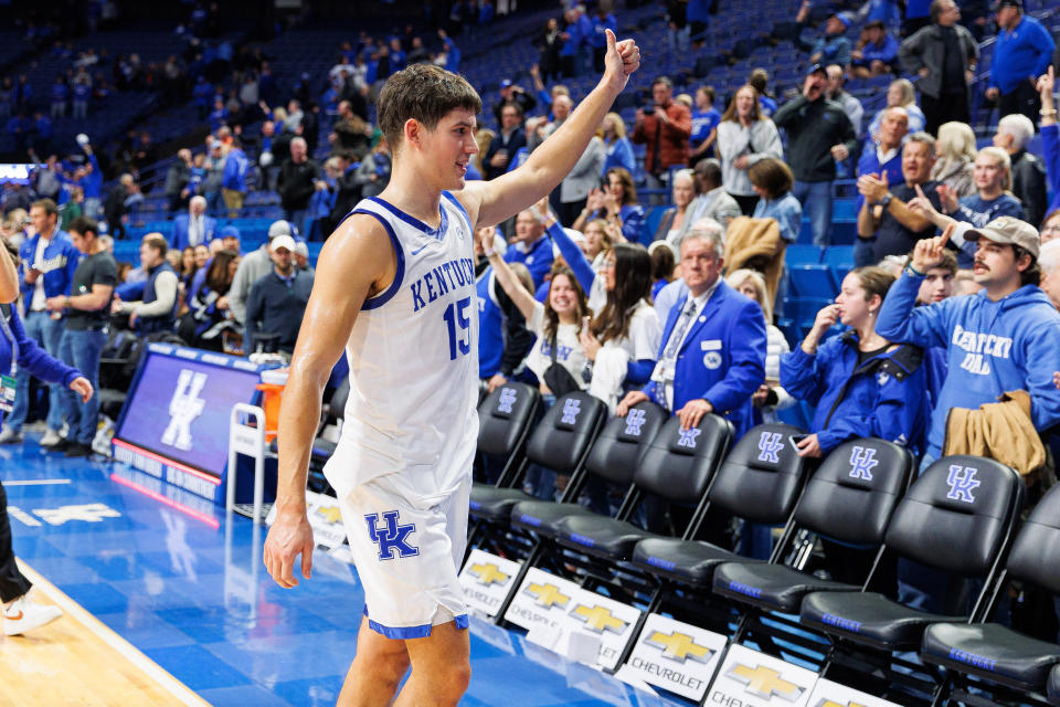 Nov 28, 2023; Lexington, Kentucky, USA; Kentucky Wildcats guard Reed Sheppard (15) gives a thumbs up to the crowd after the game against the Miami (Fl) Hurricanes at Rupp Arena at Central Bank Center. Mandatory Credit: Jordan Prather-USA TODAY Sports