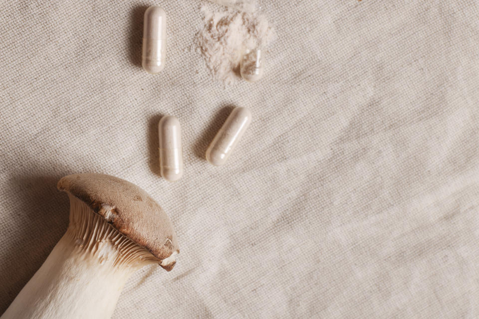 mushrooms and natural herbal pills on textile gray background. environmental friendly , healthy lifestyle, medical supplement concept. copy space.