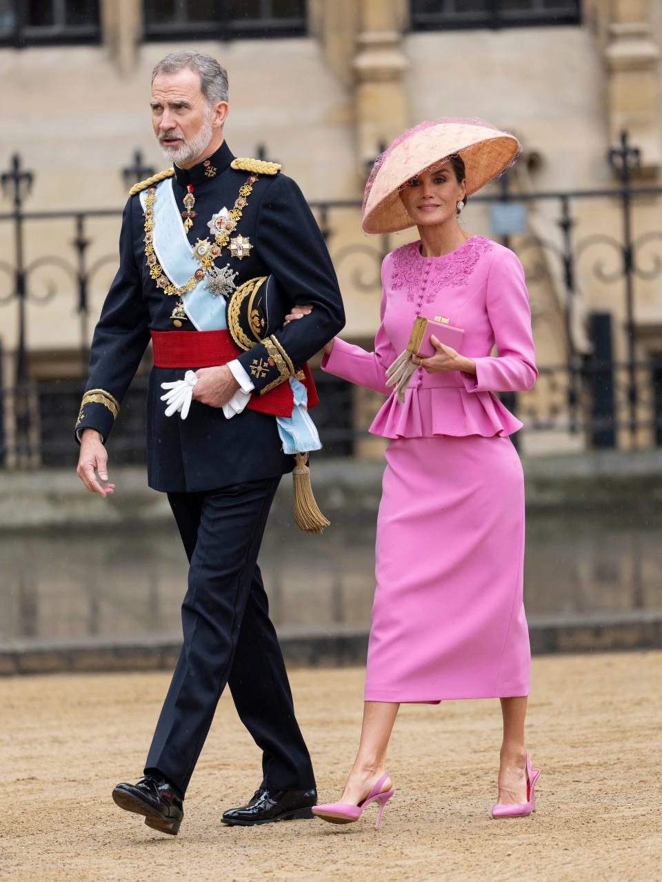 King Felipe of Spain and Queen Letizia of Spain at Westminster Abbey during the Coronation of King Charles III and Queen Camilla on May 6, 2023 in London, England.