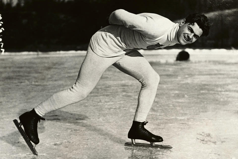 <p>American speedskater Charles Jewtraw (right) became the first American to win a gold medal in the Winter Olympics when he won the first event, 500m speedskating. </p>