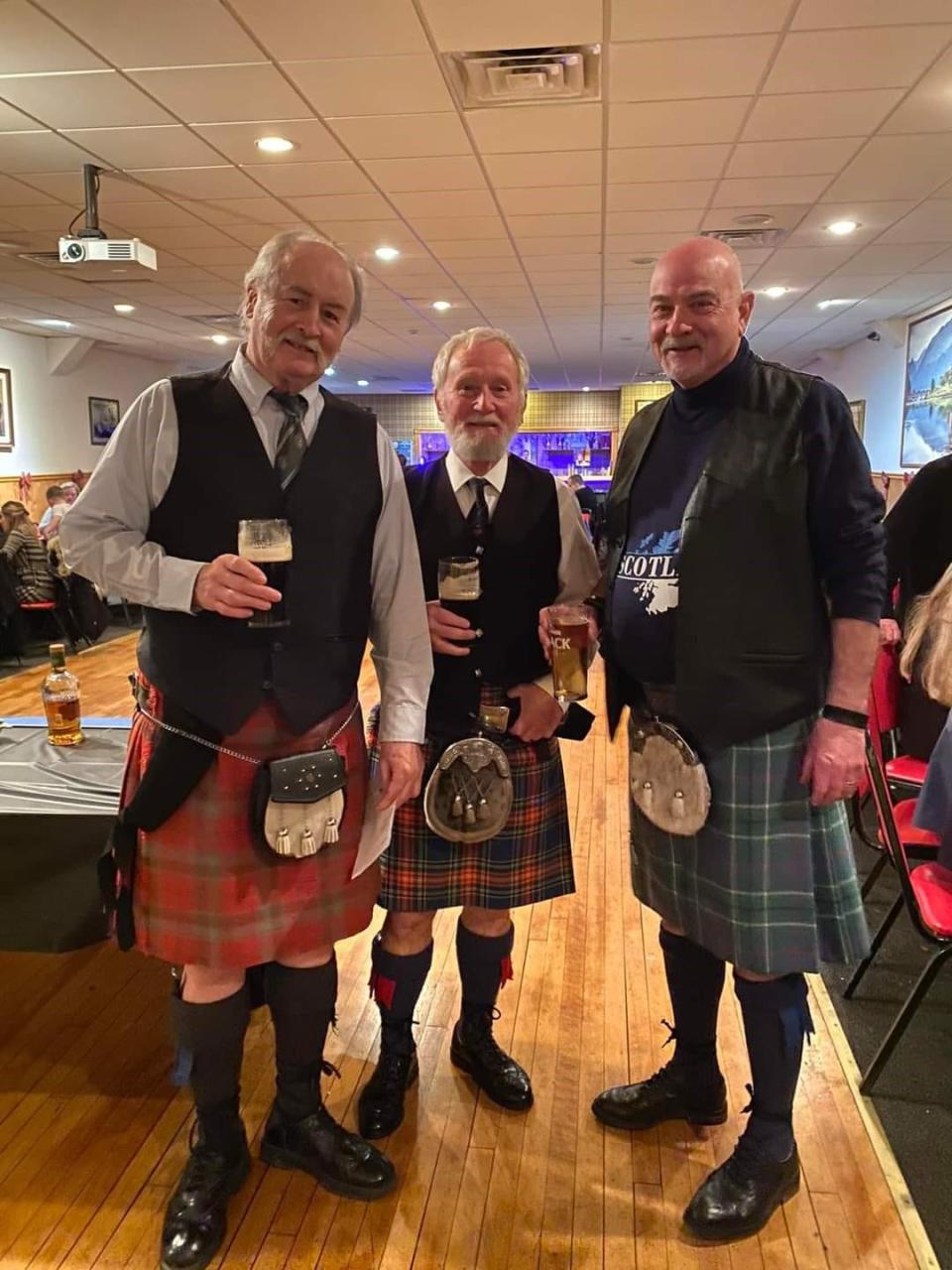 From left, Joe McGonigall, Bill Gordon and Bob Duncan at the annual Robert Burns Celebration at the Scots American Club in Kearny.